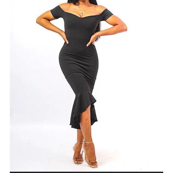 Missguided Off Shoulder Black Mermaid Fishtail Midi Dress Formal Black Tie Mediu - Picture 1 of 8